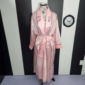 Jessica Pink Satin-Trim Striped Robe with Embroidered Hearts